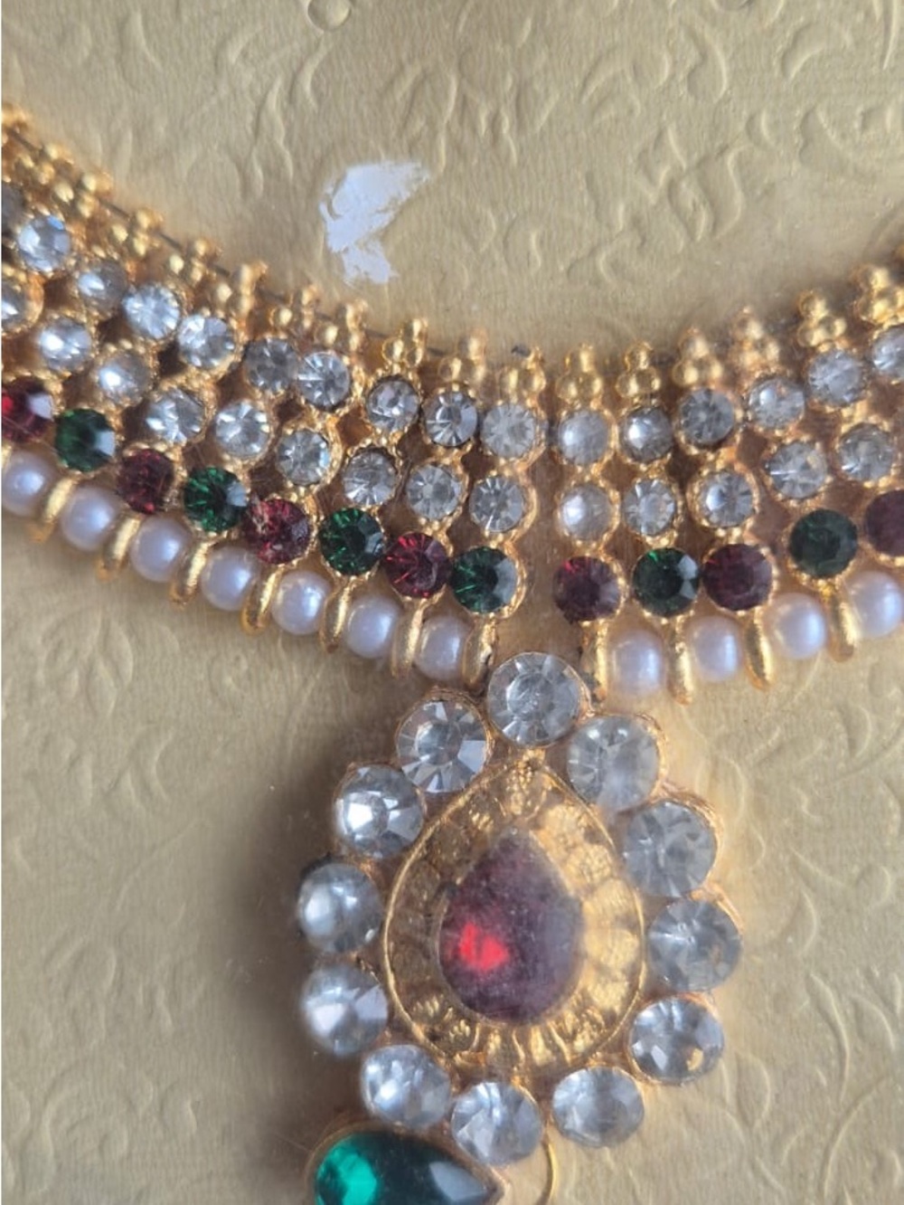 Gold-Plated Multistone Pearl Choker Necklace - Green & Red Accents